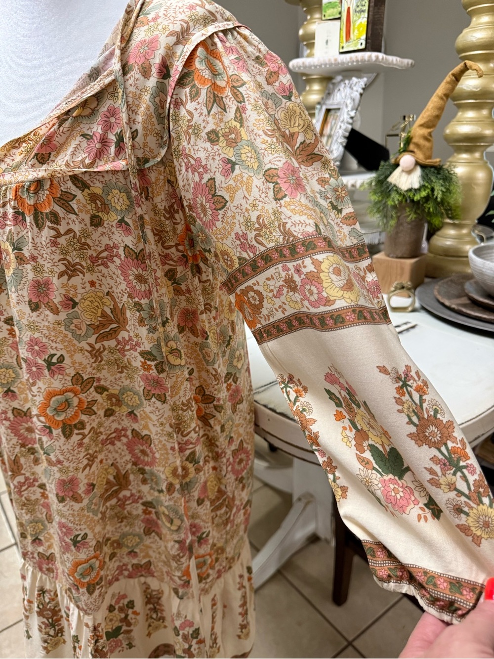 Women's Floral Boho Sleep Tunic - Cream with Pink & Green Floral - Picture 8 of 10